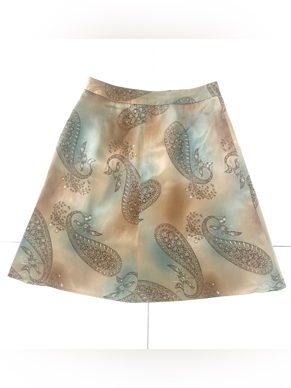 Harve Benard Vintage 100% Silk A-Line Midi Skirt 6 Boho Paisley Watercolor Taupe